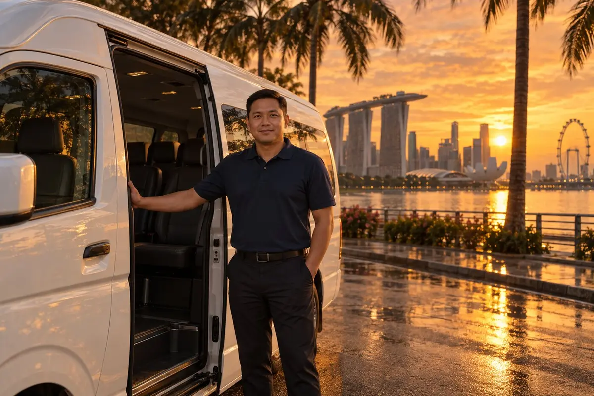 An AnZhiLu driver at the open door of a high-roof van on the Marina Bay waterfront